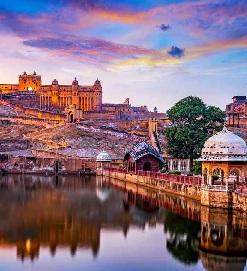 Beautiful sunset view of Jaisalmer Fort with reflection on Gadisar Lake